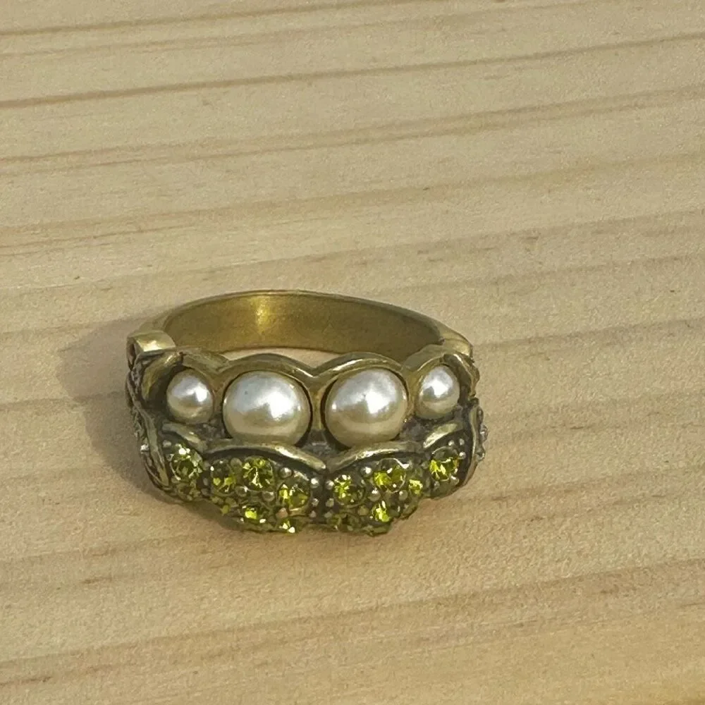Heidi Daus Pearl & Green Crystal Band Ring